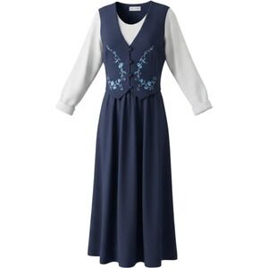 Lady Dorby Vintage Navy Blue Cream Embroidered Midi Dress Womens 18W 8082N